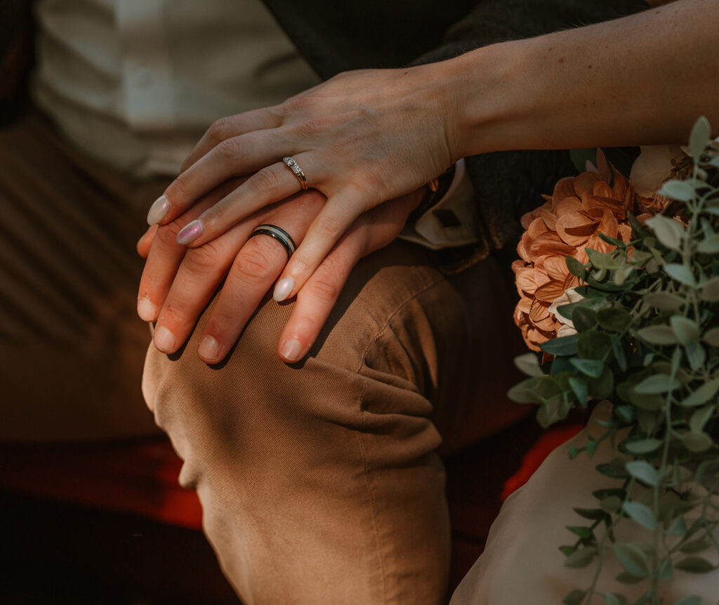 a bride and grooms hands with rings on their fingers