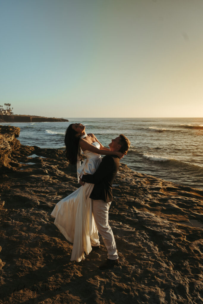 Magical golden light of sunset illuminating the cliffs at Sunset Cliffs, San Diego, perfect for golden hour photography